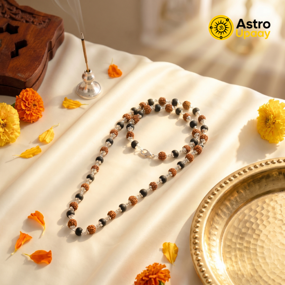 Premium Rudraksha & Black Bead Spiritual Mala Necklace